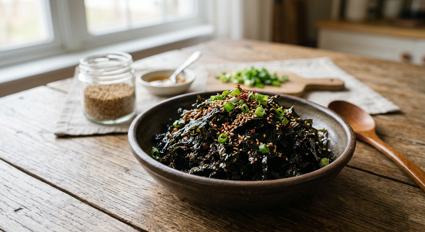 고소한 윤기가 도는 김무침을 작은 반찬 그릇에 담아 밥상에 올린 모습