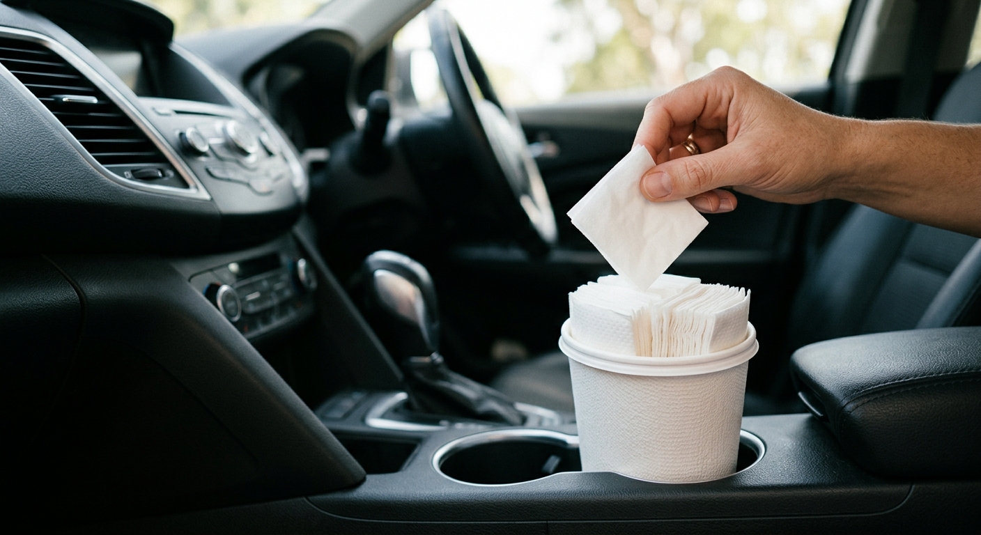자동차 컵홀더에 들어간 컵형 티슈 용기에서 티슈를 뽑는 모습