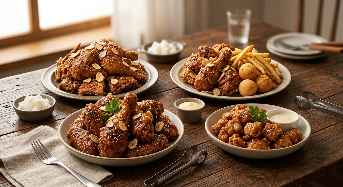 한마리 치킨과 윙, 스틱, 순살이 함께 놓인 다양한 메뉴 구성 사진