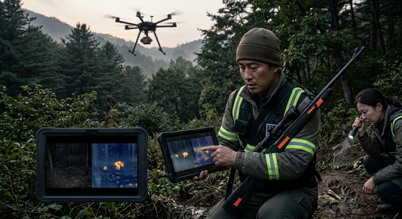 야간 야산에서 드론과 구조 인력이 늑대를 추적하는 긴장감 있는 장면