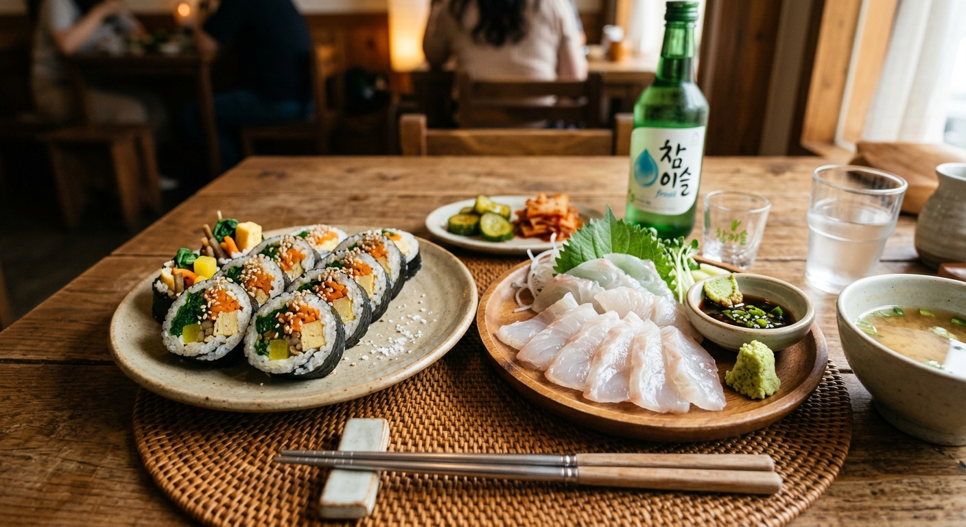 소금으로 간한 김밥과 강도다리회를 함께 먹는 상차림