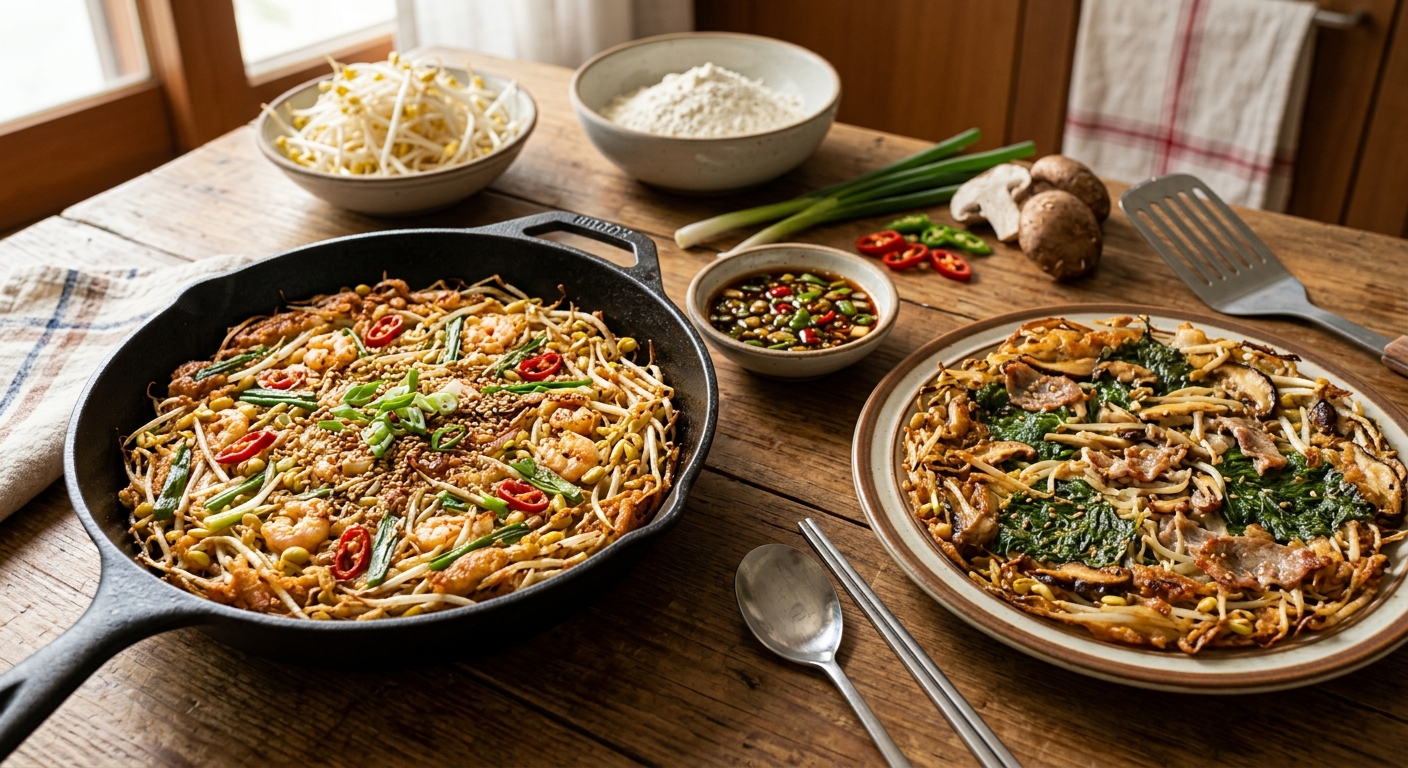 부추와 당근이 들어간 다채로운 콩나물전이 접시에 담긴 모습