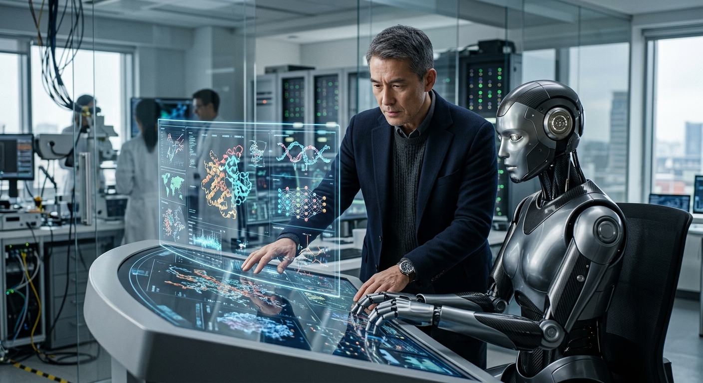 과학 연구실에서 데이터 시각화와 함께 문제 해결을 논의하는 인간과 AI 협업 콘셉트 이미지