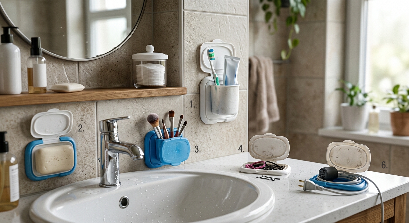 욕실 선반 수납함에 설치된 물티슈 뚜껑 소형 보관함