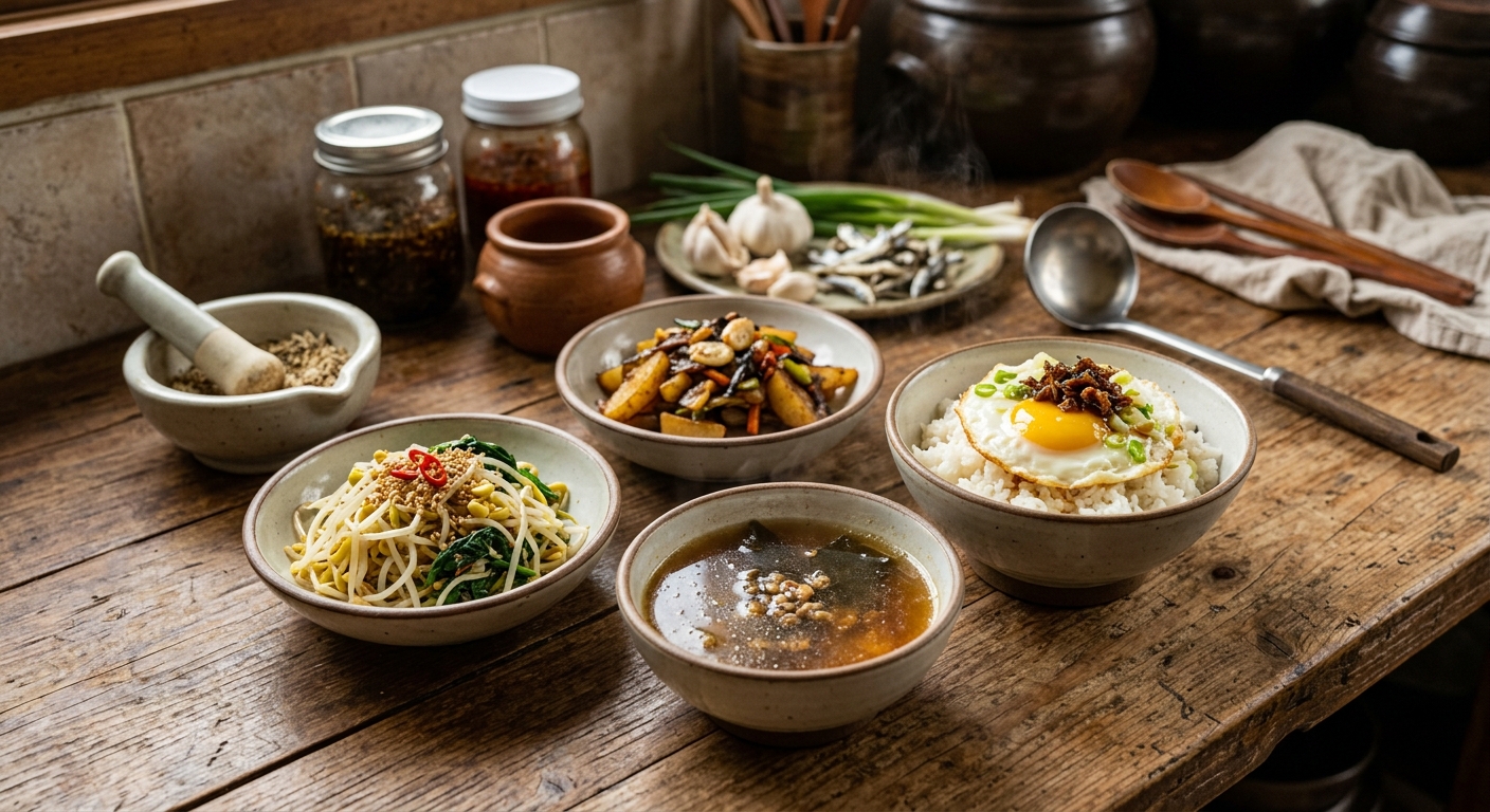 계란밥과 채소볶음 옆에 작은 종지에 담긴 멸치 맛간장