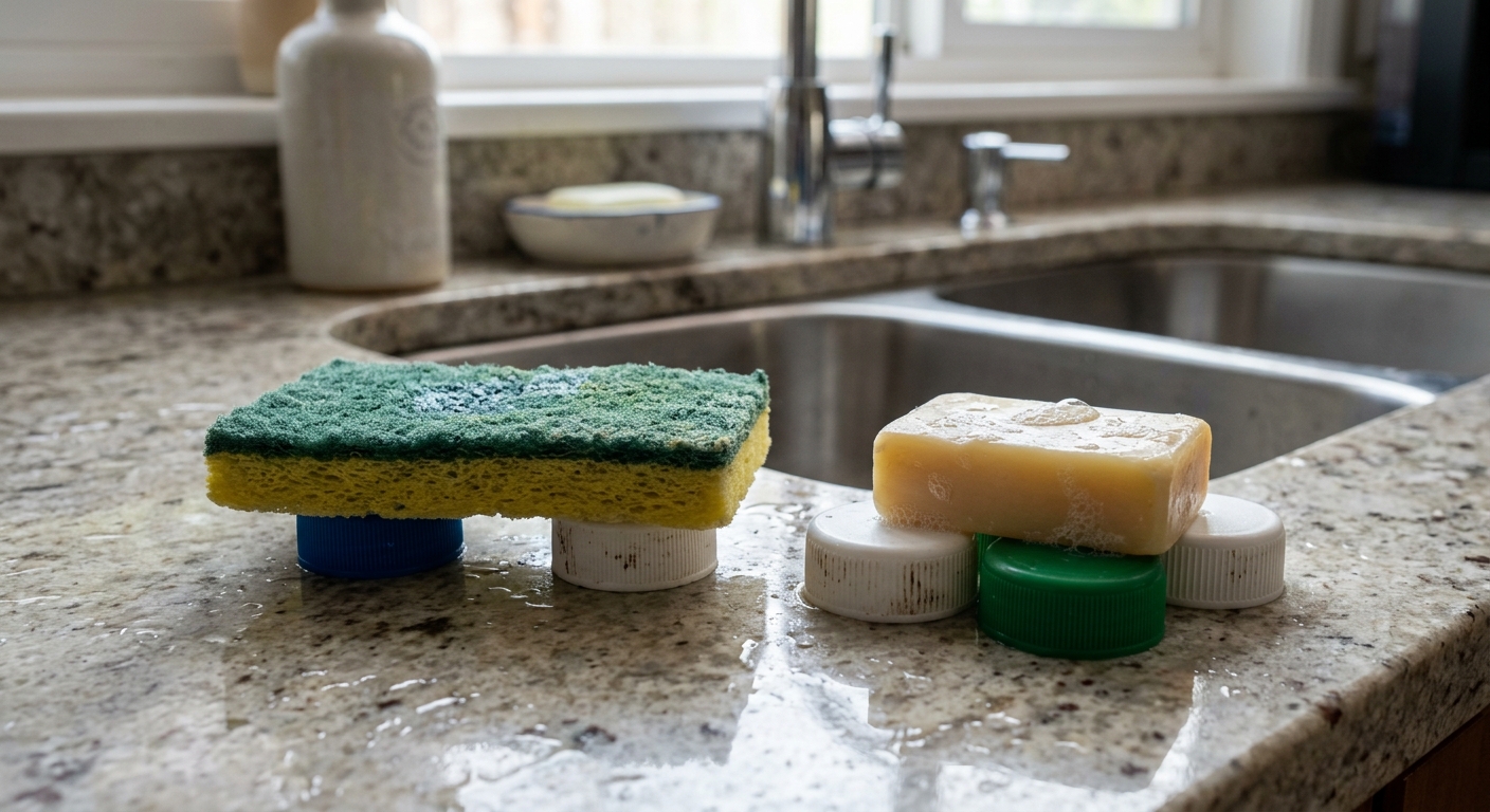 주방 수세미와 비누 아래에 페트병 뚜껑을 받쳐둔 모습