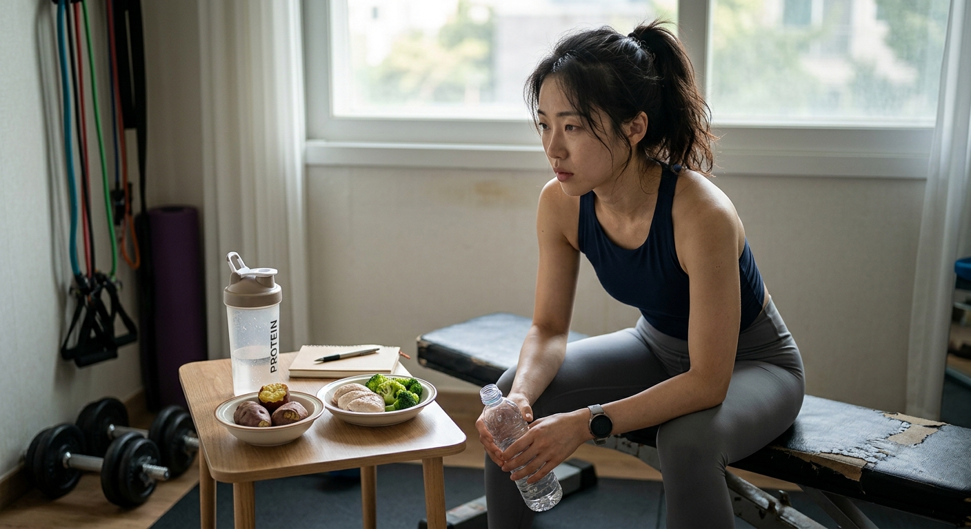 찐고구마와 삶은 계란, 두부가 함께 담긴 균형 식단
