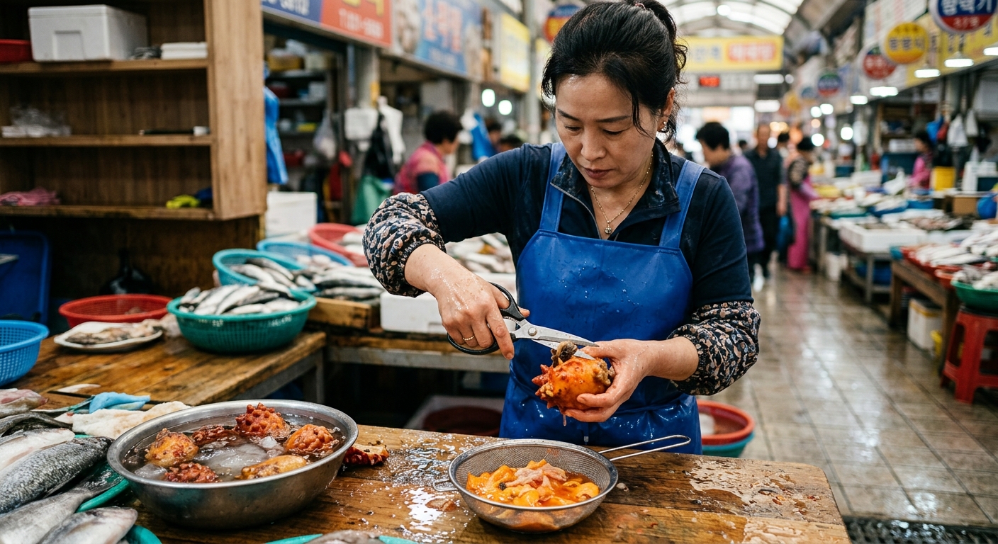 손질한 멍게를 체에 밭쳐 물기를 빼는 모습