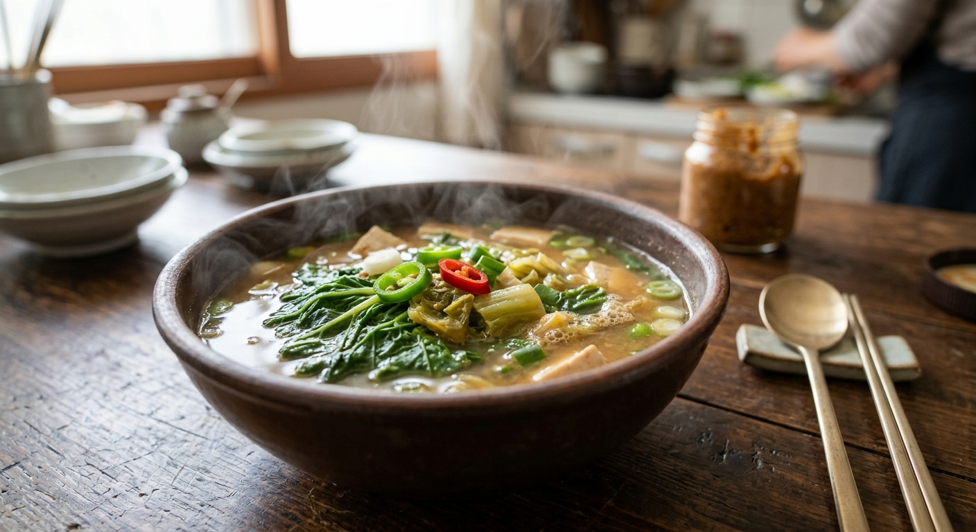 끓는 된장국에 봄동을 넣고 살짝 익히는 장면