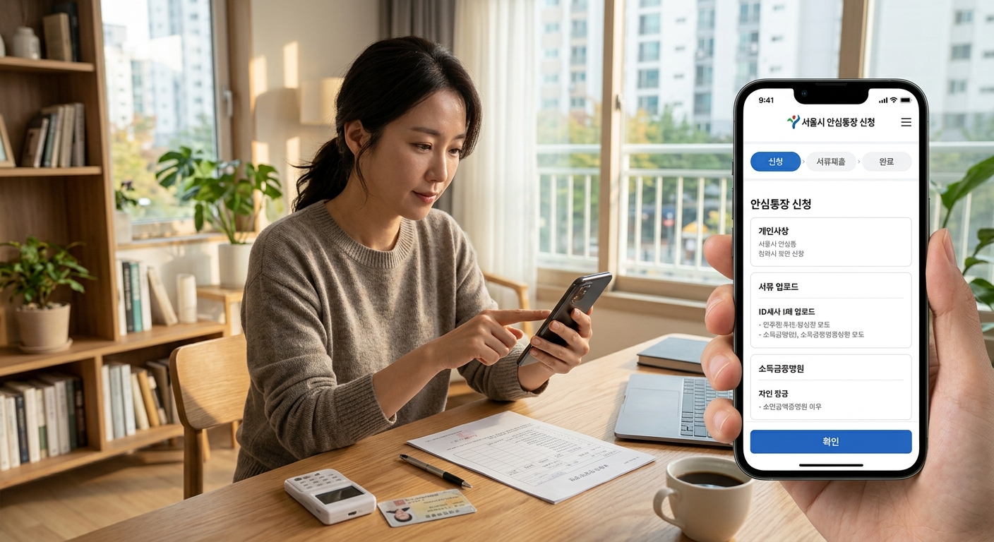 사업장 내부에서 스마트폰 앱으로 안심통장 신청 절차를 진행하는 소상공인