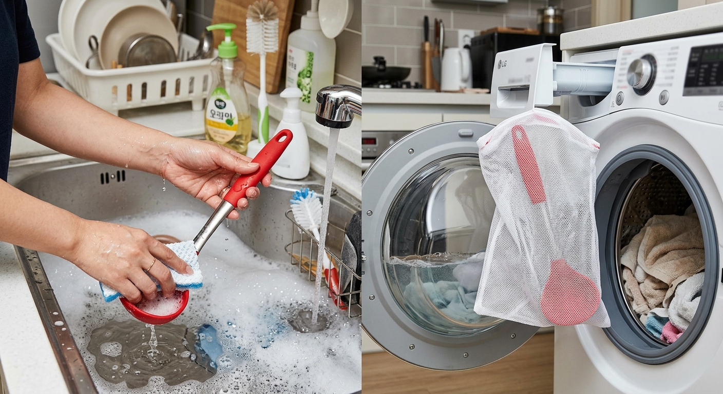 세탁망, 과탄산소다, 실리콘 조리도구를 순서대로 준비한 세척 과정