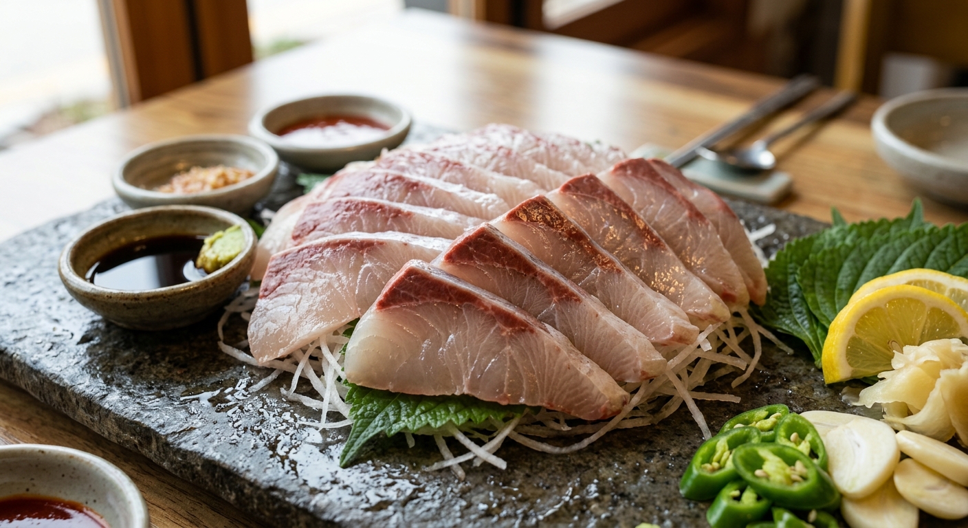 도톰하게 썬 숭어회가 결을 드러내며 접시에 놓인 모습