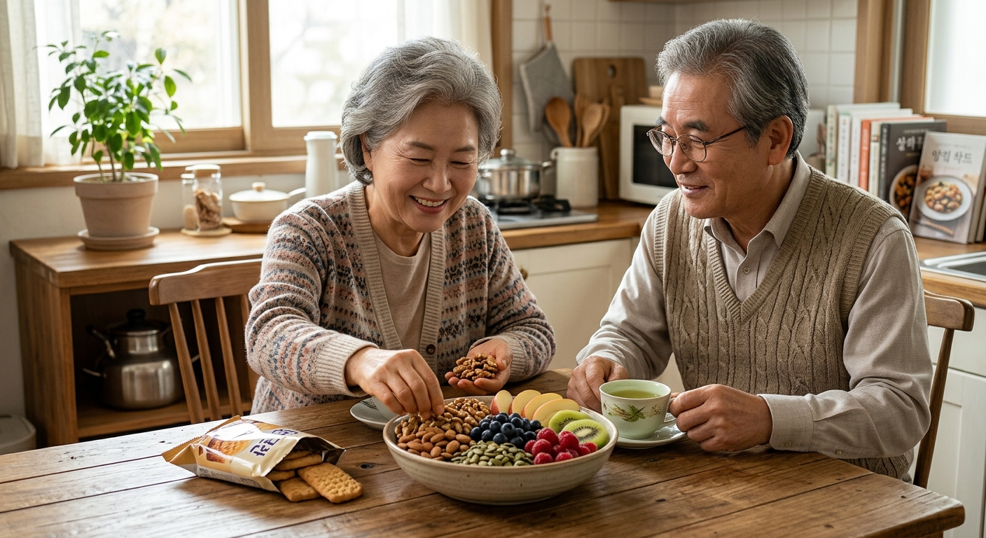 고구마, 견과류, 무가당 요거트 등 건강한 대체 간식이 놓인 접시