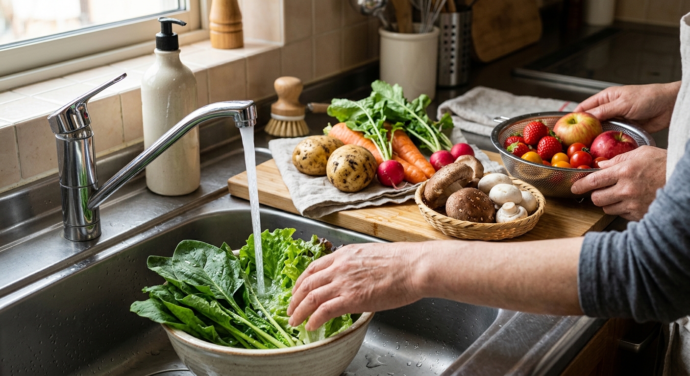 상추, 당근, 버섯을 각각 다른 방식으로 세척하는 주방 장면