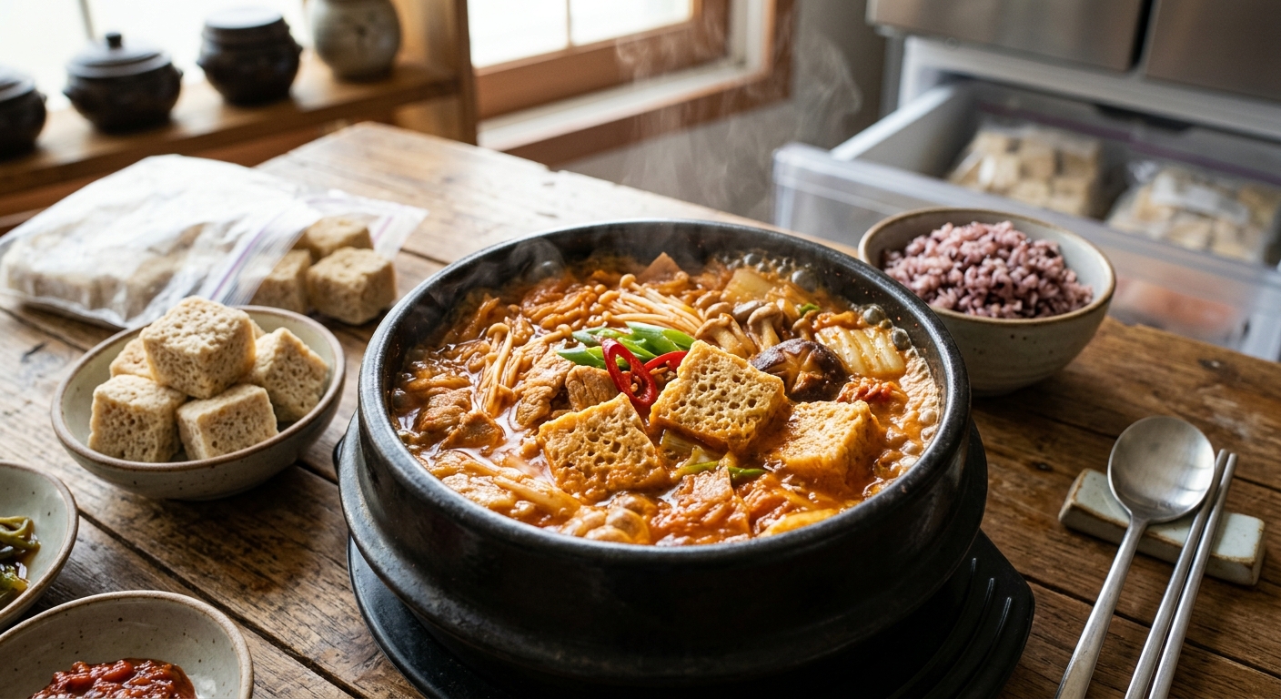 보글보글 끓는 찌개 속에 큼직한 언두부가 들어간 모습