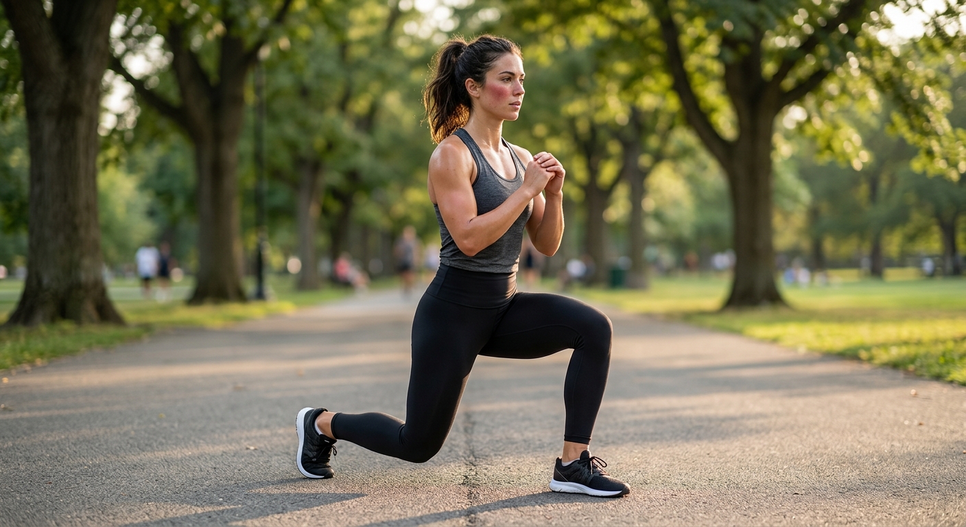 실내 매트 위에서 바른 자세로 런지를 수행하는 사람