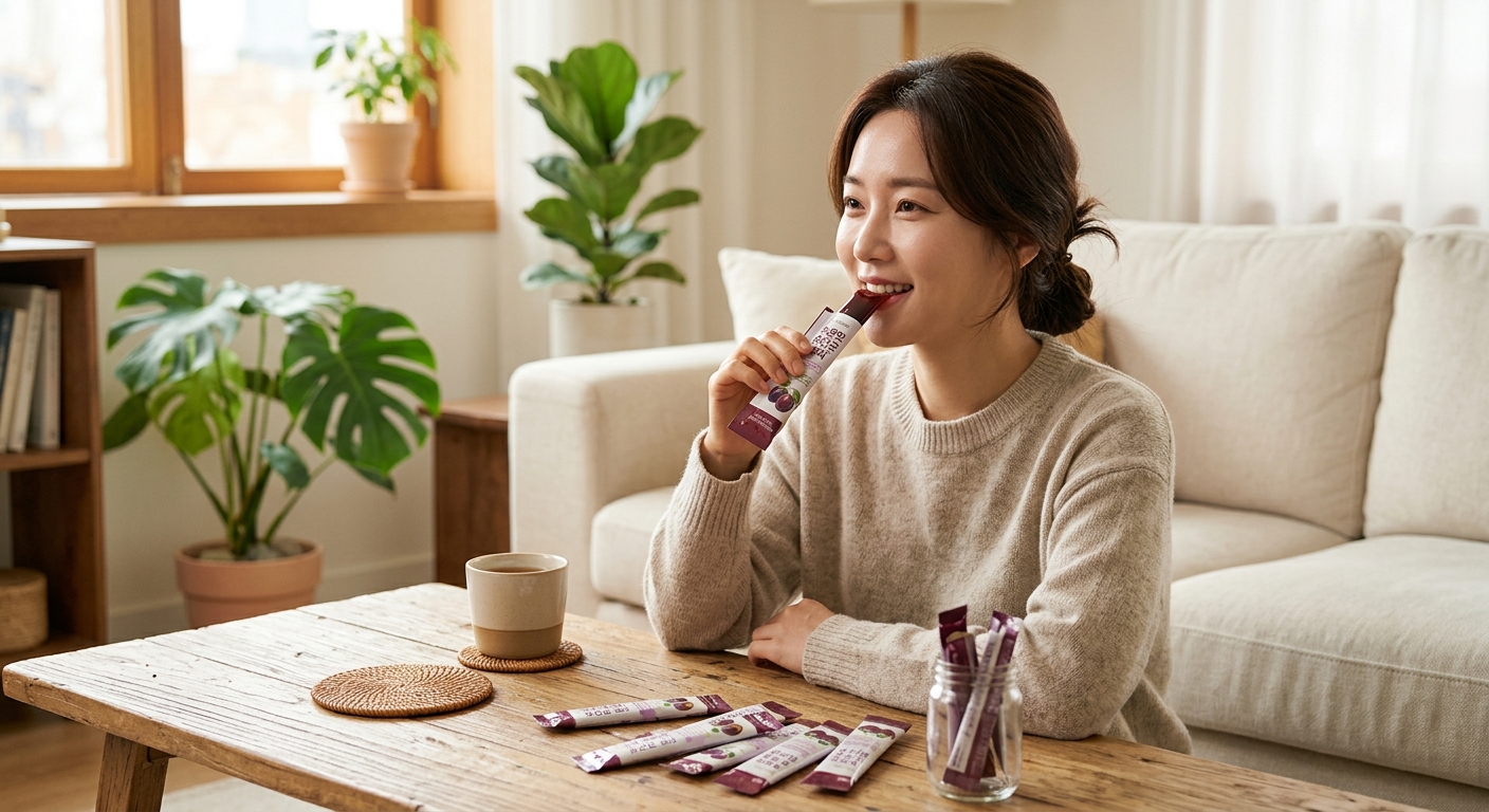 푸룬과 젤 스틱이 함께 놓인 장 건강 콘셉트의 실사 이미지