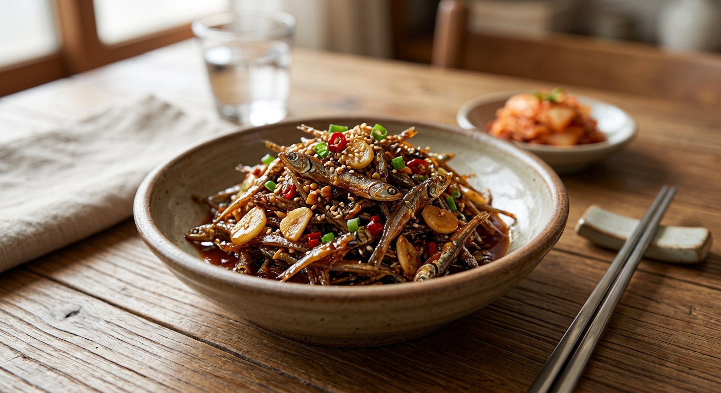 고기 요리 옆에 곁들여진 무생채 반찬의 근접 사진