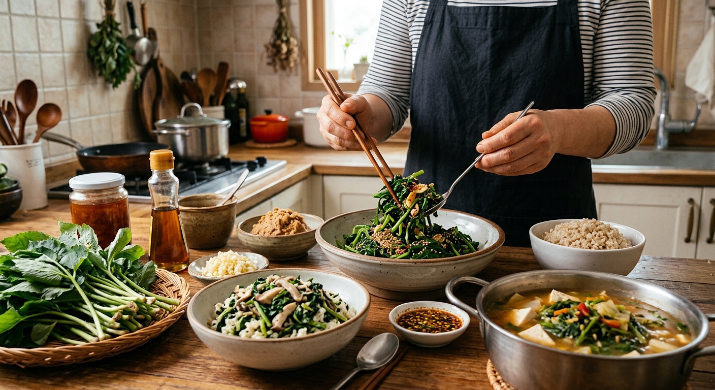취나물 무침과 취나물밥, 된장국이 함께 차려진 한식 상차림