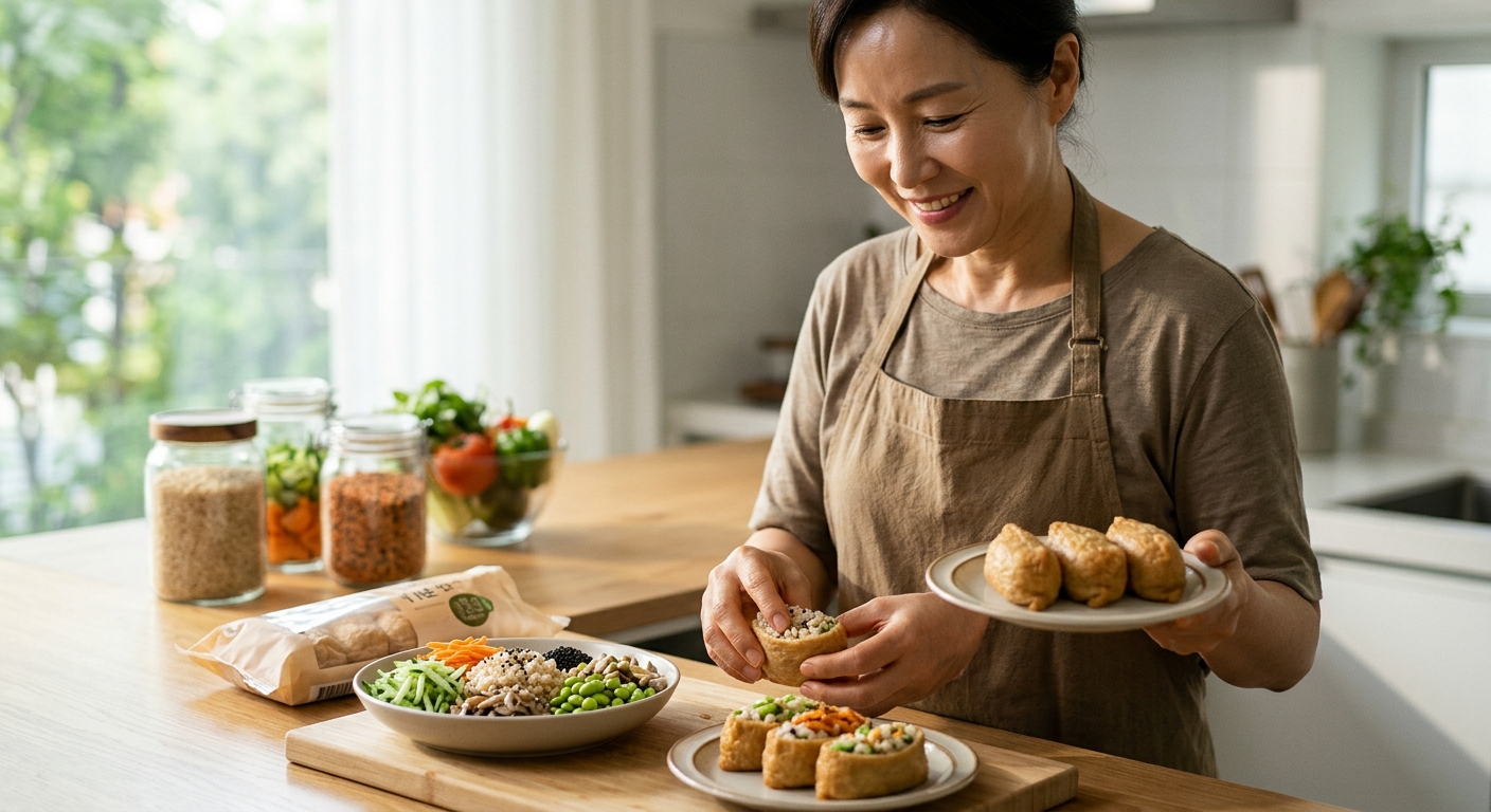 뜨거운 물에 데친 유부를 건강하게 조리하는 주방 장면