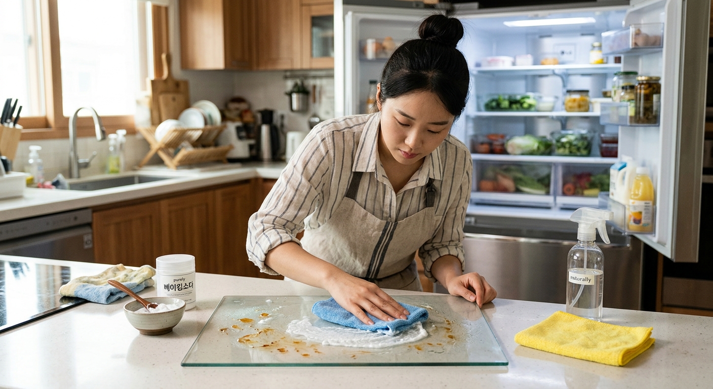 냉장고 속 식재료를 꺼내고 선반 청소를 준비하는 정리된 모습