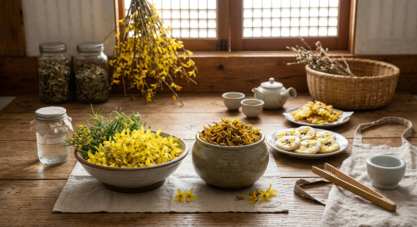 유리병에 담아 보관 중인 말린 개나리꽃