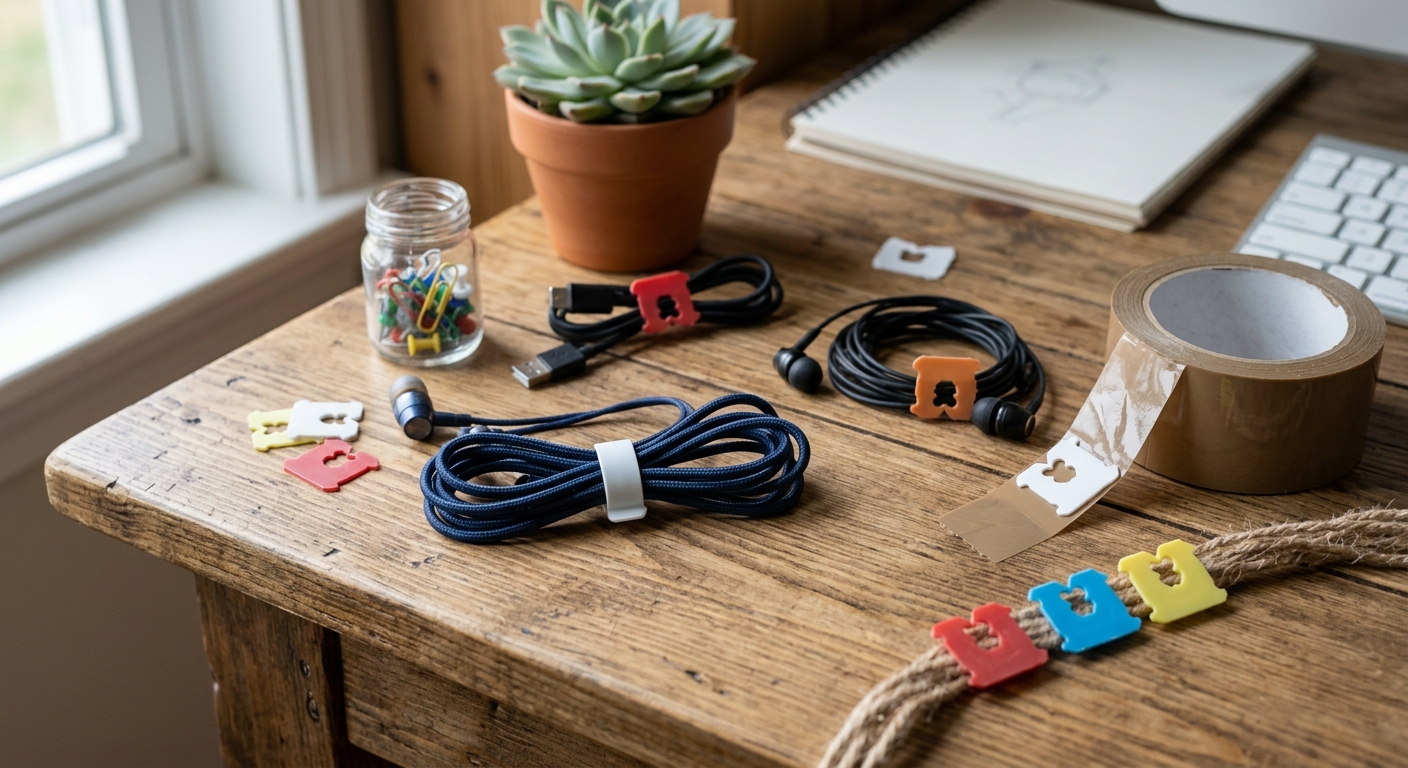 작은 끈과 이어폰 선 끝부분이 빵클립으로 고정된 장면