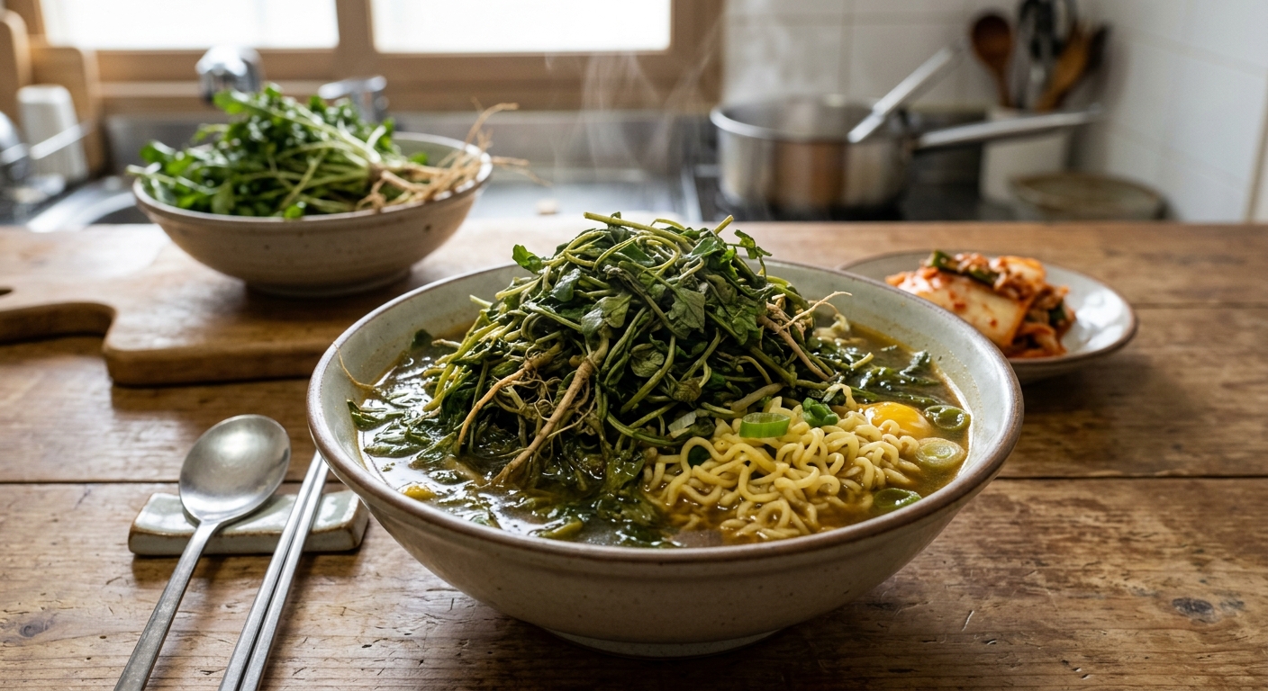 냉이를 과하지 않게 넣어 완성한 균형 좋은 라면