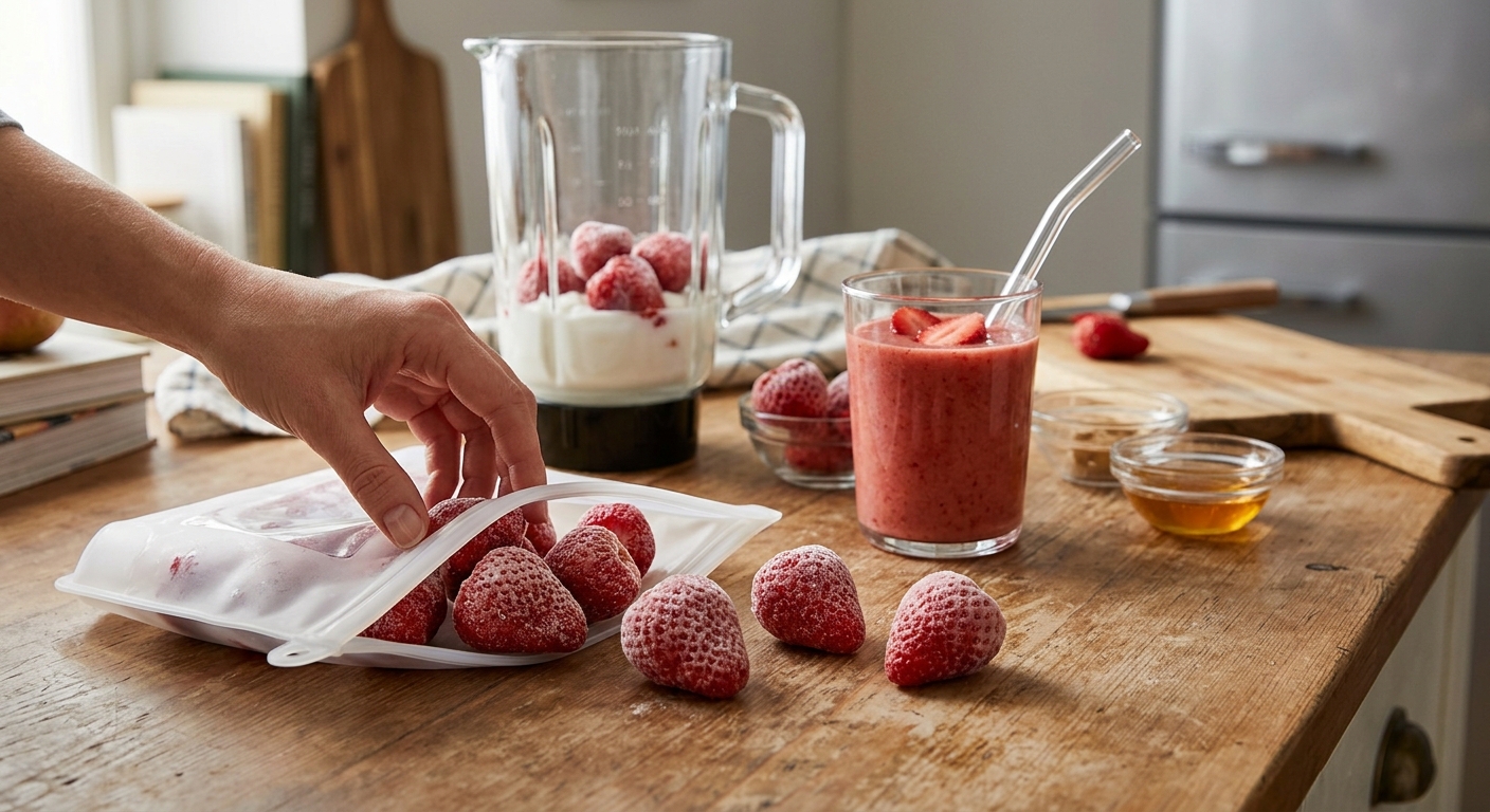 냉동실 서랍 안에 납작하게 얼린 딸기 지퍼백이 정리되어 있는 모습