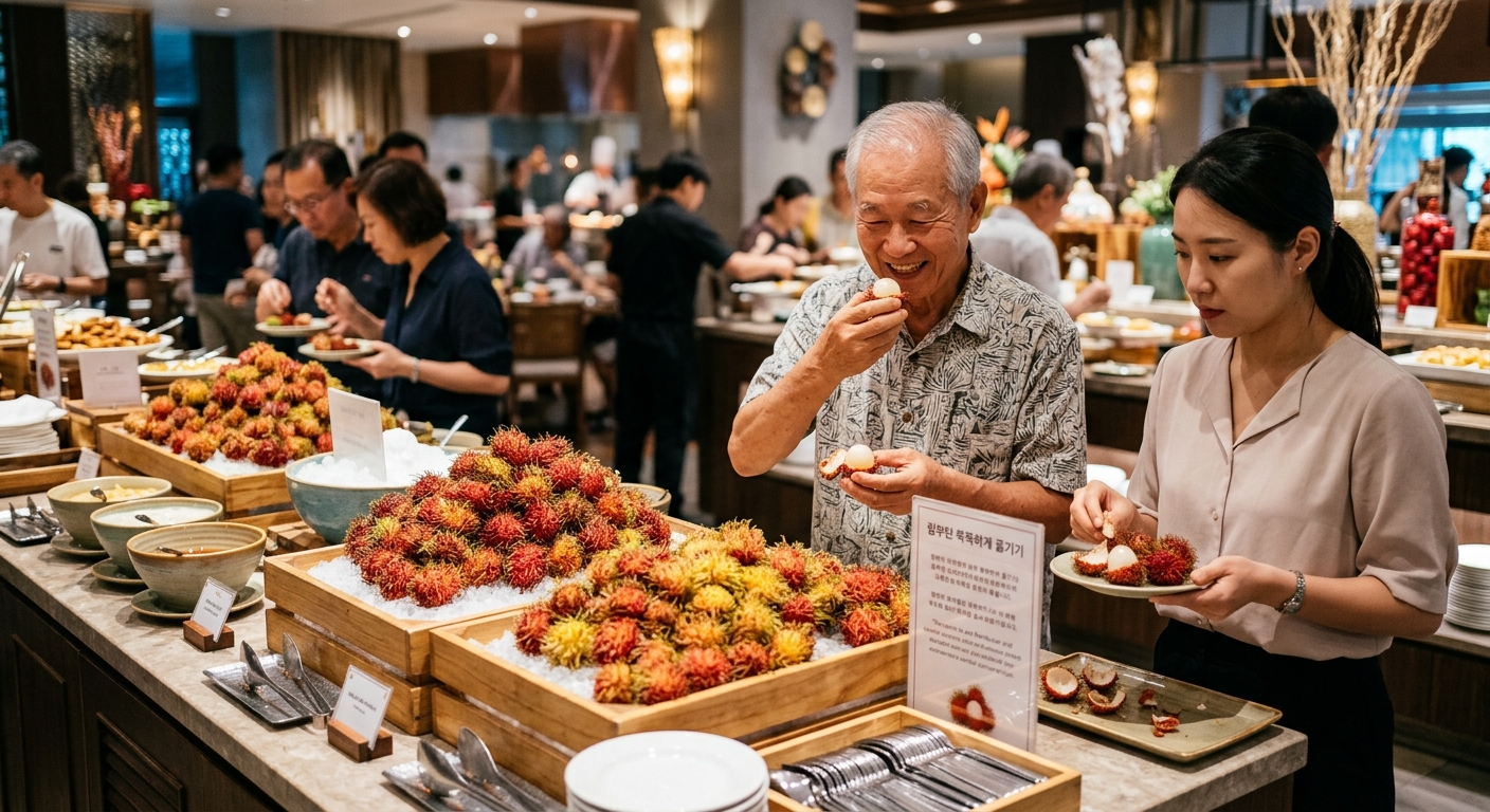 뷔페 테이블에서 람부탄을 천천히 먹는 모습의 클로즈업