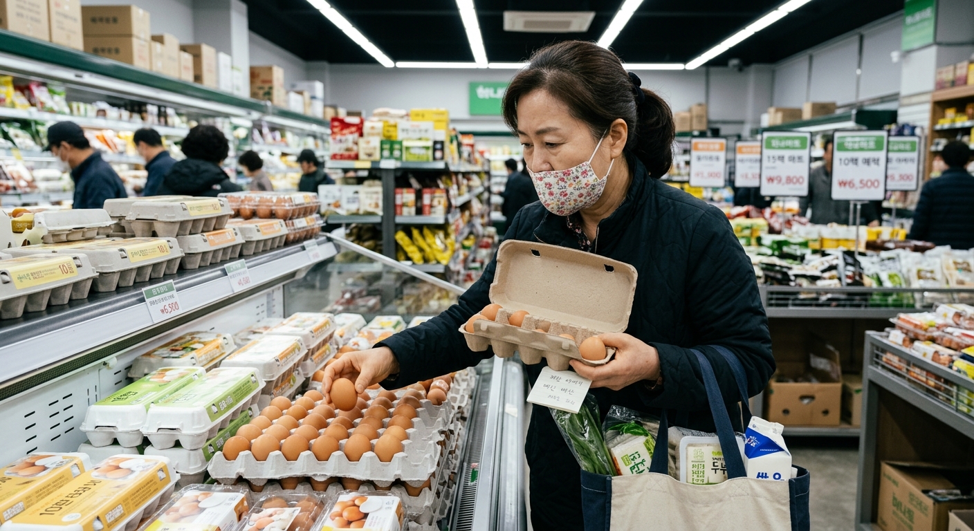 주방에서 계란 팩을 정리하며 보관하는 모습과 장보기 메모 이미지