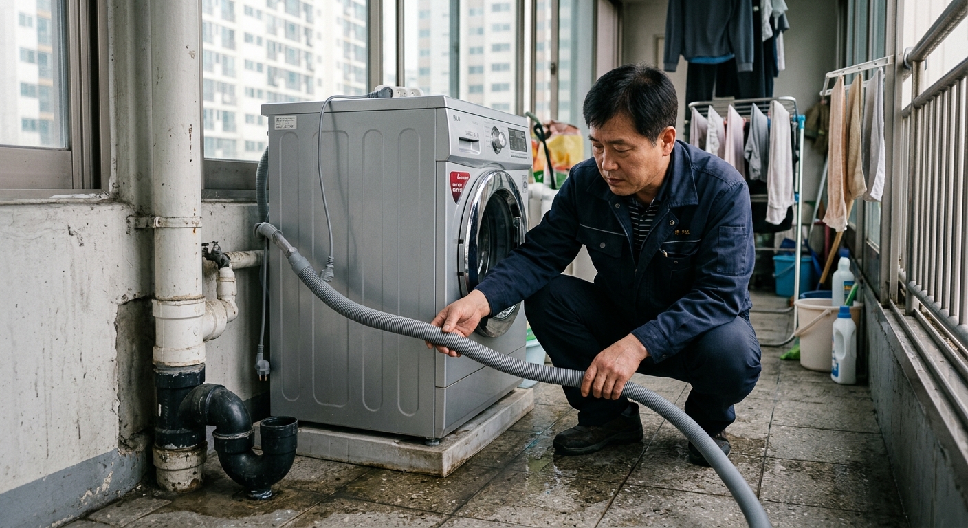 문제가 있는 세탁기 배수 연결을 확인하고 올바른 위치를 찾는 장면