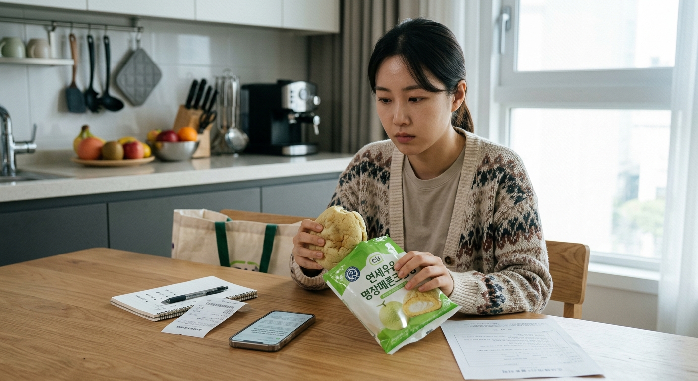 문제가 있는 식품 포장과 영수증을 함께 보관하며 소비자 대응을 준비하는 모습