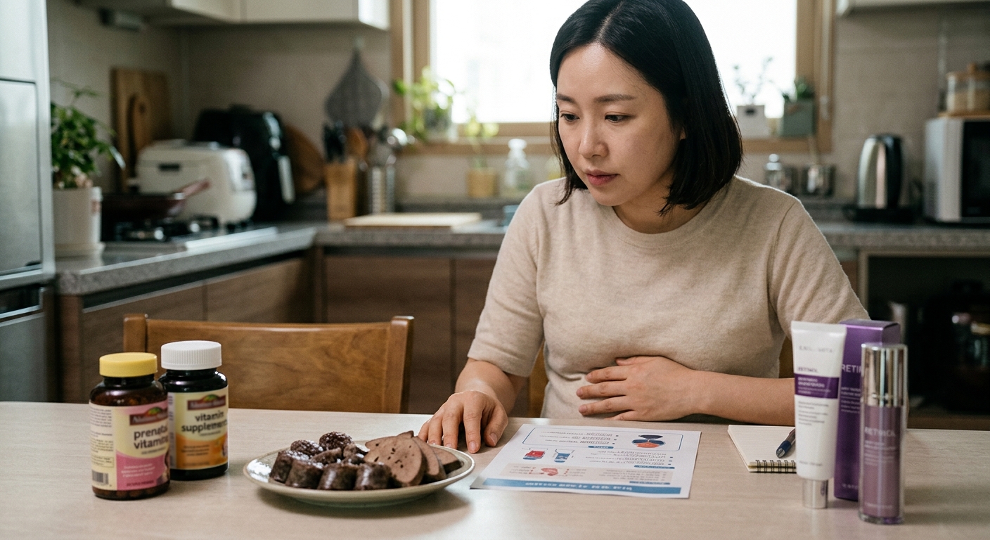 영양제 병과 화장품 성분표를 확인하는 임산부의 손