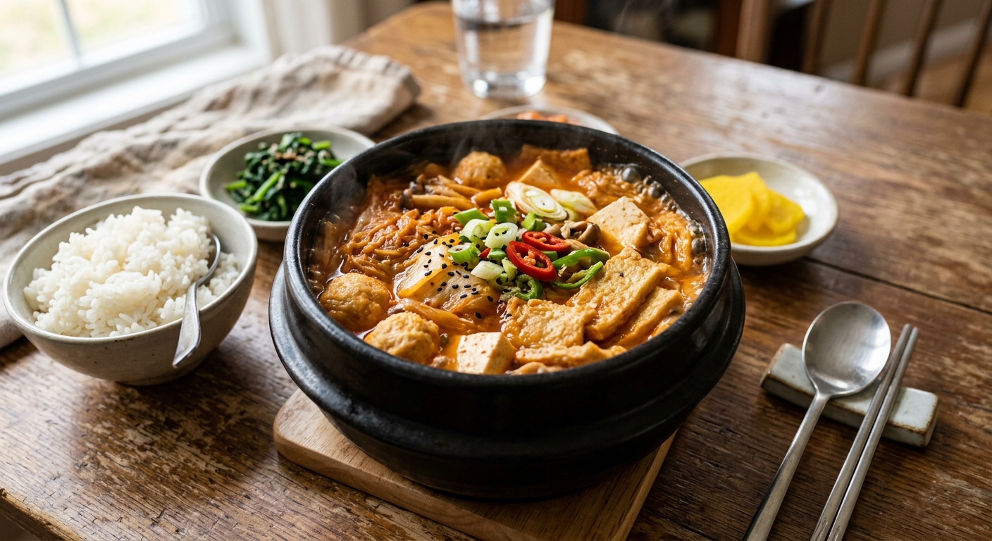 밥과 함께 차려낸 어묵 김치찌개 한 상의 따뜻한 집밥 모습
