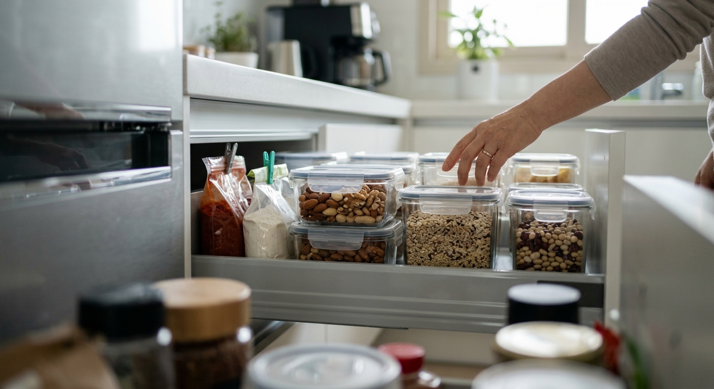 밀폐 용기에 소분된 견과류와 곡물이 정리된 주방 선반