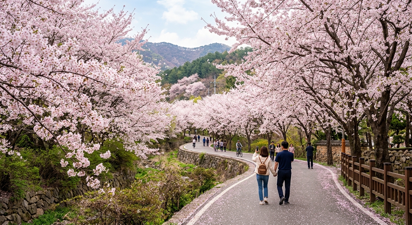 전국 벚꽃길 목록을 참고해 봄나들이 코스를 계획하는 여행 준비 장면