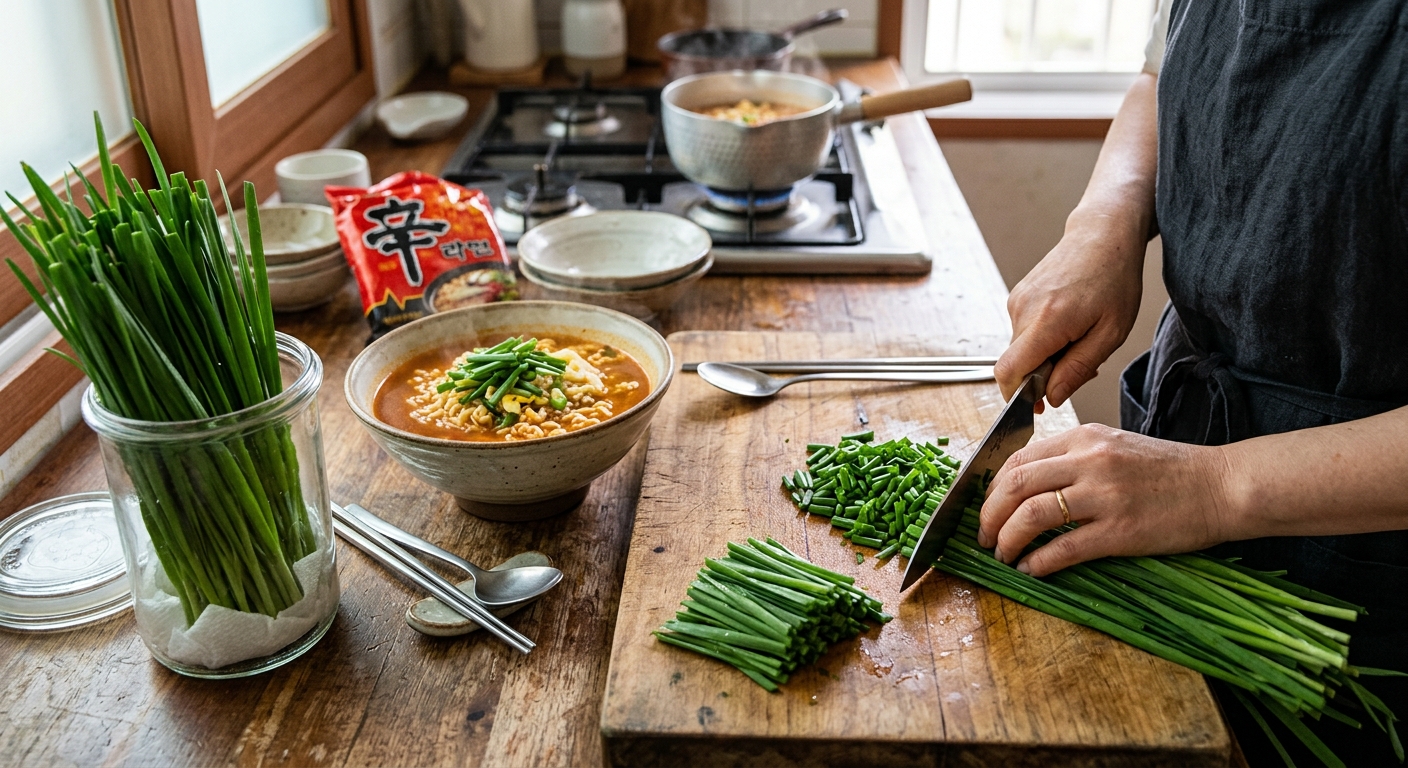 잘라서 보관 용기에 담아둔 신선한 부추