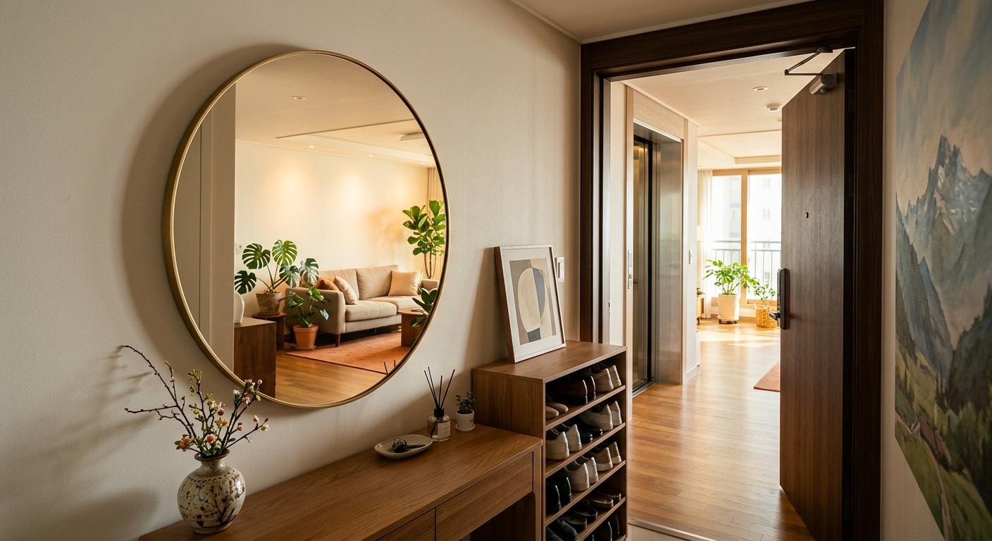 거울 배치와 주변 정리를 통해 안정감 있게 바뀐 실내 공간