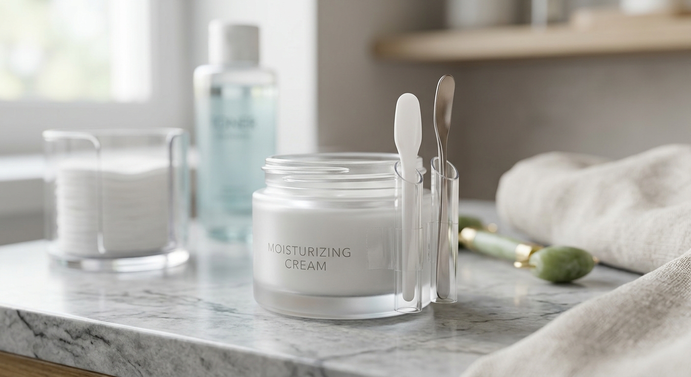 화장대 위 작은 접시에 화장품 스파츌라를 깔끔하게 올려둔 모습