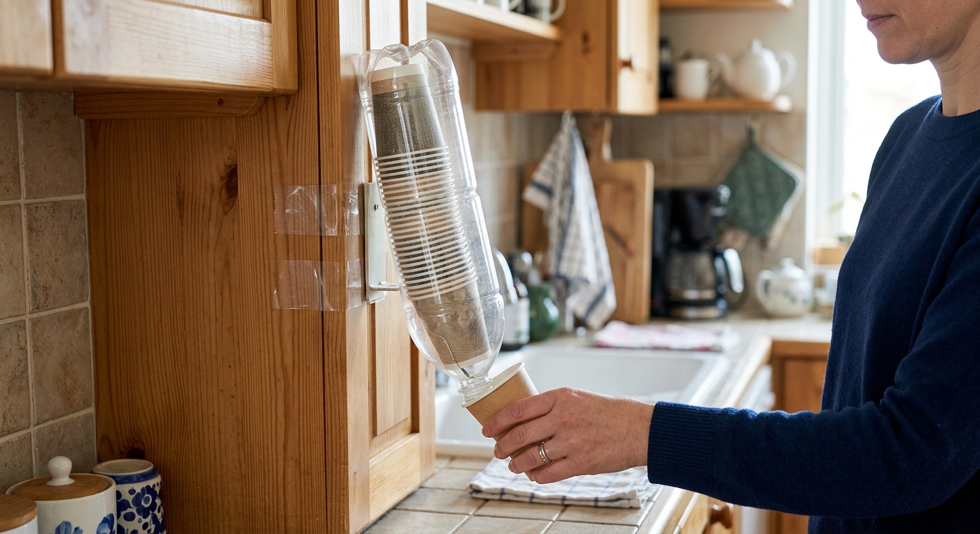 주방 벽면 또는 정수기 옆에 양면테이프로 고정된 페트병 종이컵 디스펜서 사진