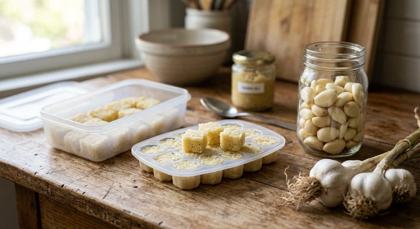 얼음틀에 소분해 담아 냉동한 다진 마늘 큐브의 모습