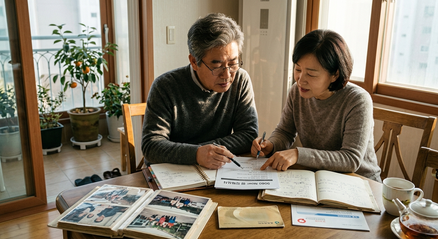 체크리스트를 작성하며 생활비와 건강 계획을 점검하는 중장년층