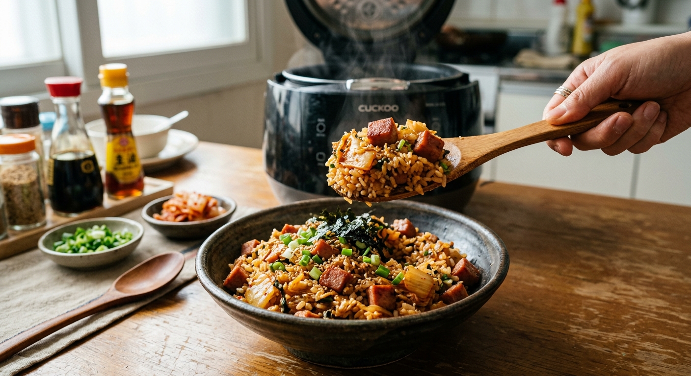 키친타월로 스팸 표면의 기름을 제거하는 장면