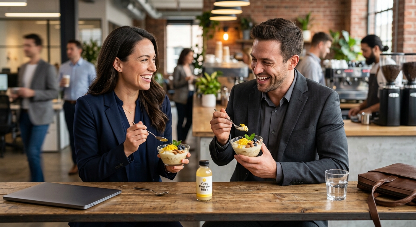 사무실 책상 위에서 간편하게 먹는 저칼로리 고단백 디저트 컵