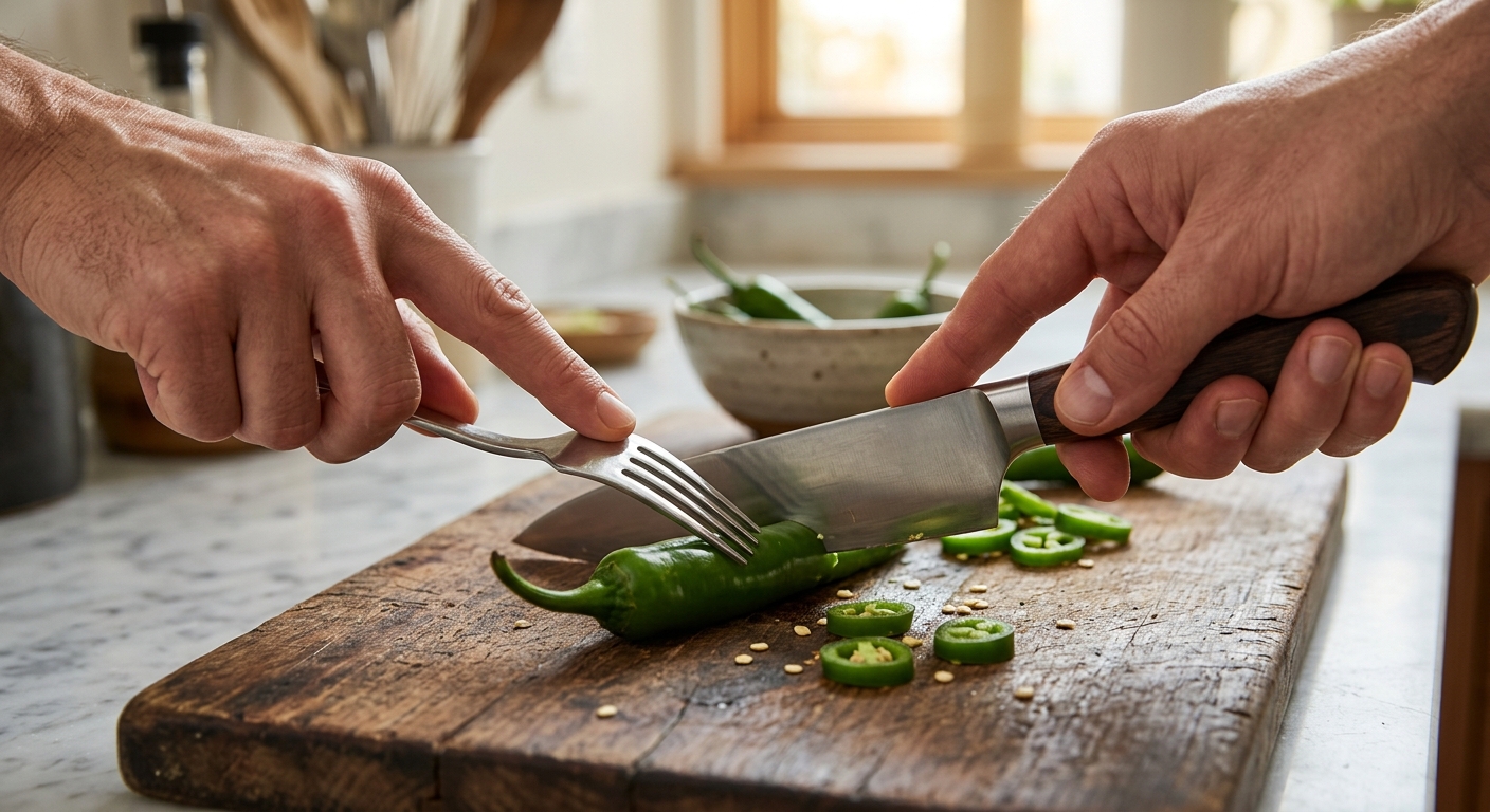 포크와 칼의 올바른 위치를 보여주는 안전한 칼질 자세