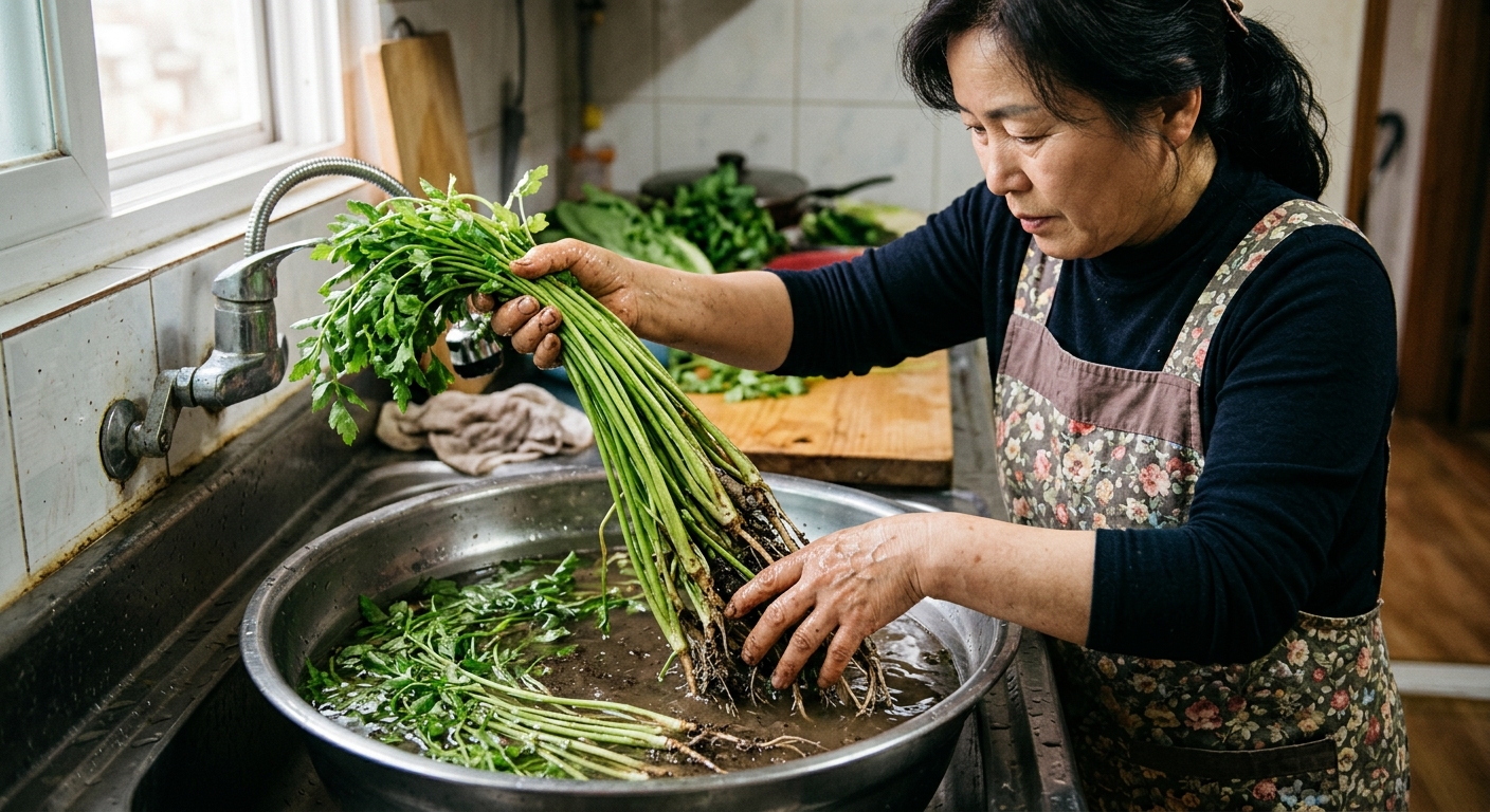 흐르는 물 아래에서 뿌리 쪽 흙을 먼저 씻어내는 미나리