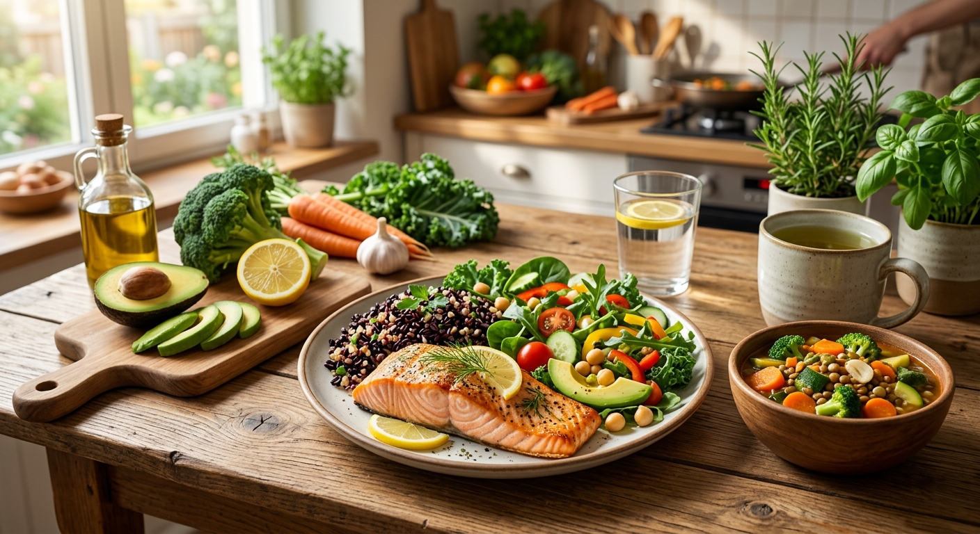 삶은 달걀, 채소, 두부, 통곡물 등 건강한 대체 식단 이미지