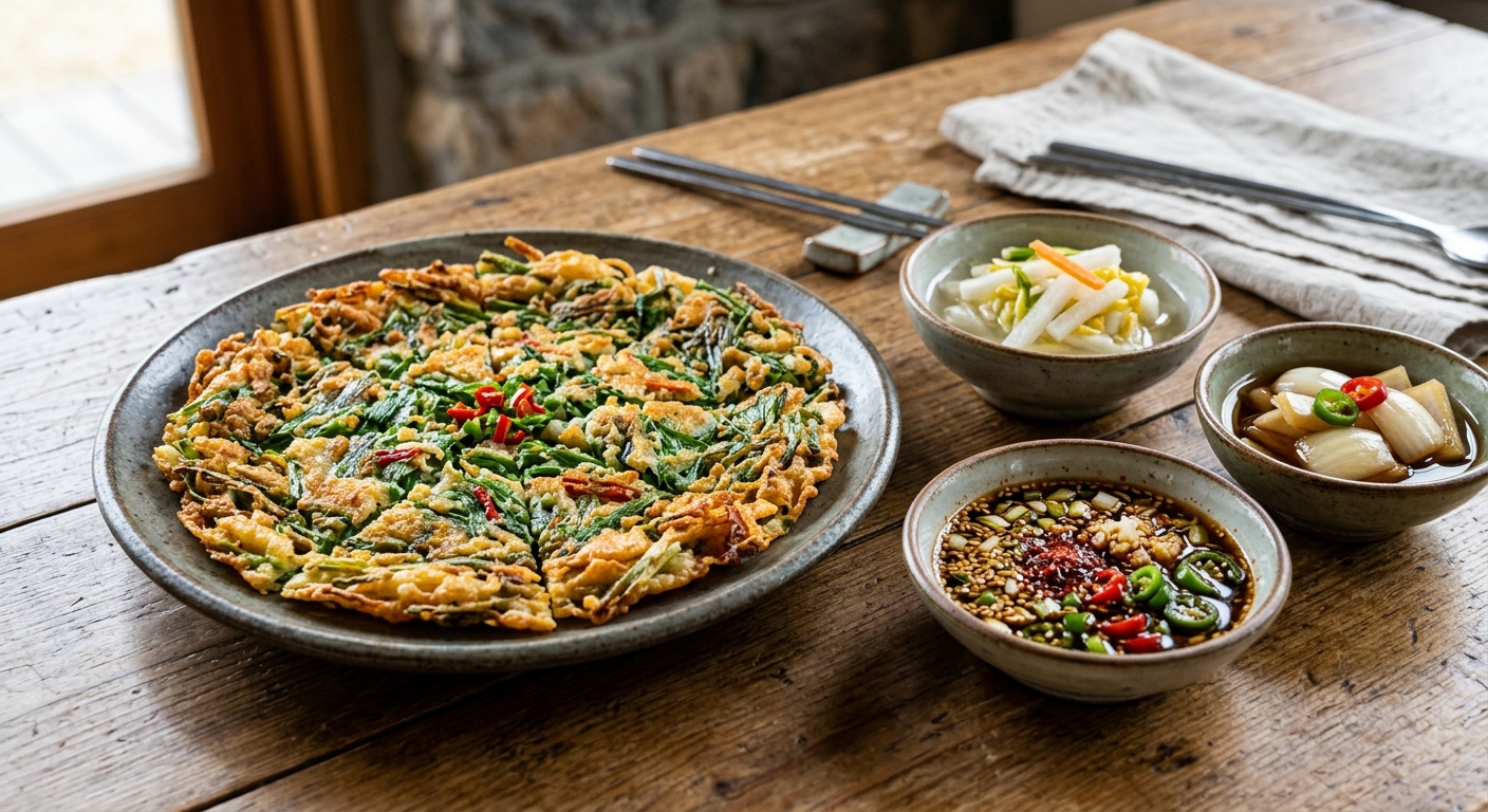 작은 간장 소스를 곁들인 세발나물 부침개 한 접시