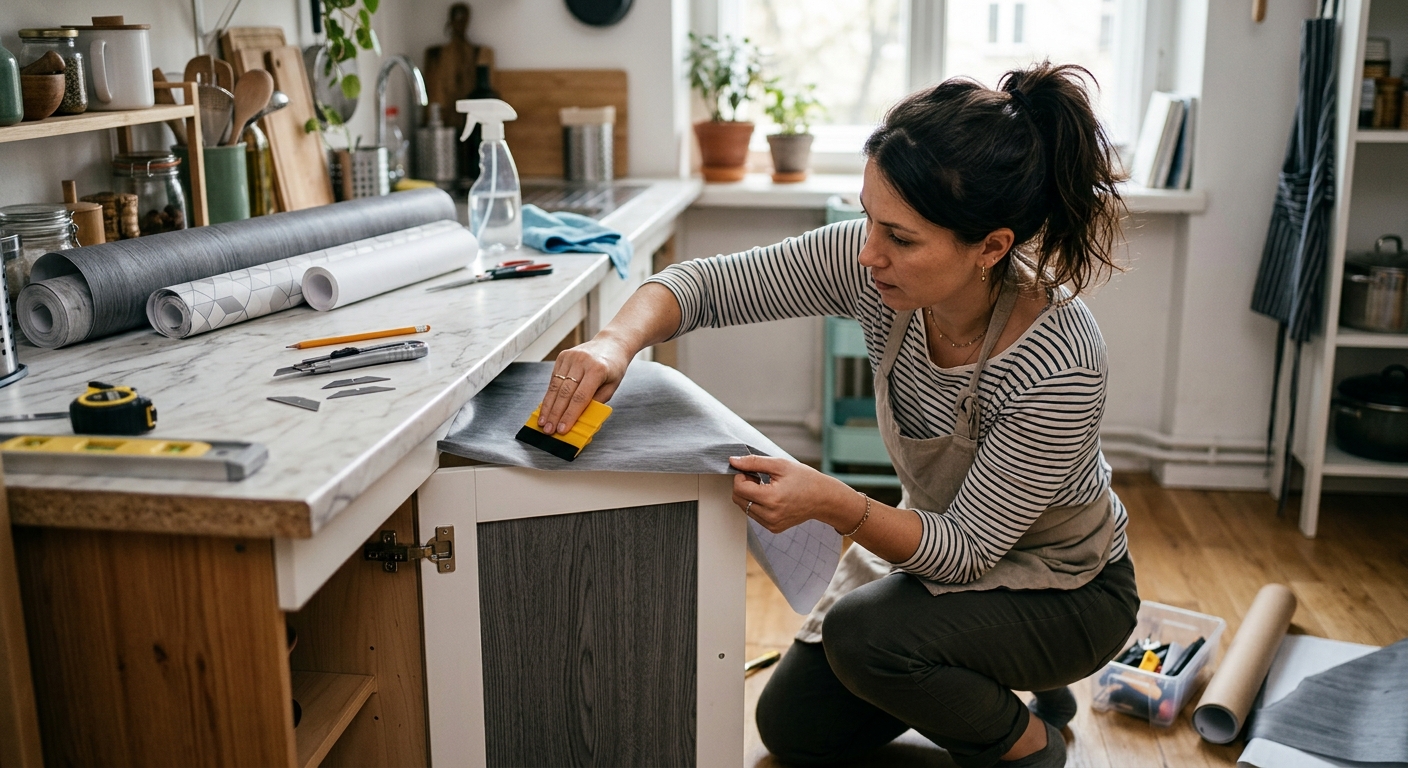 자와 커터칼, 헤라를 이용해 시트지를 깔끔하게 붙이는 셀프 시공 과정